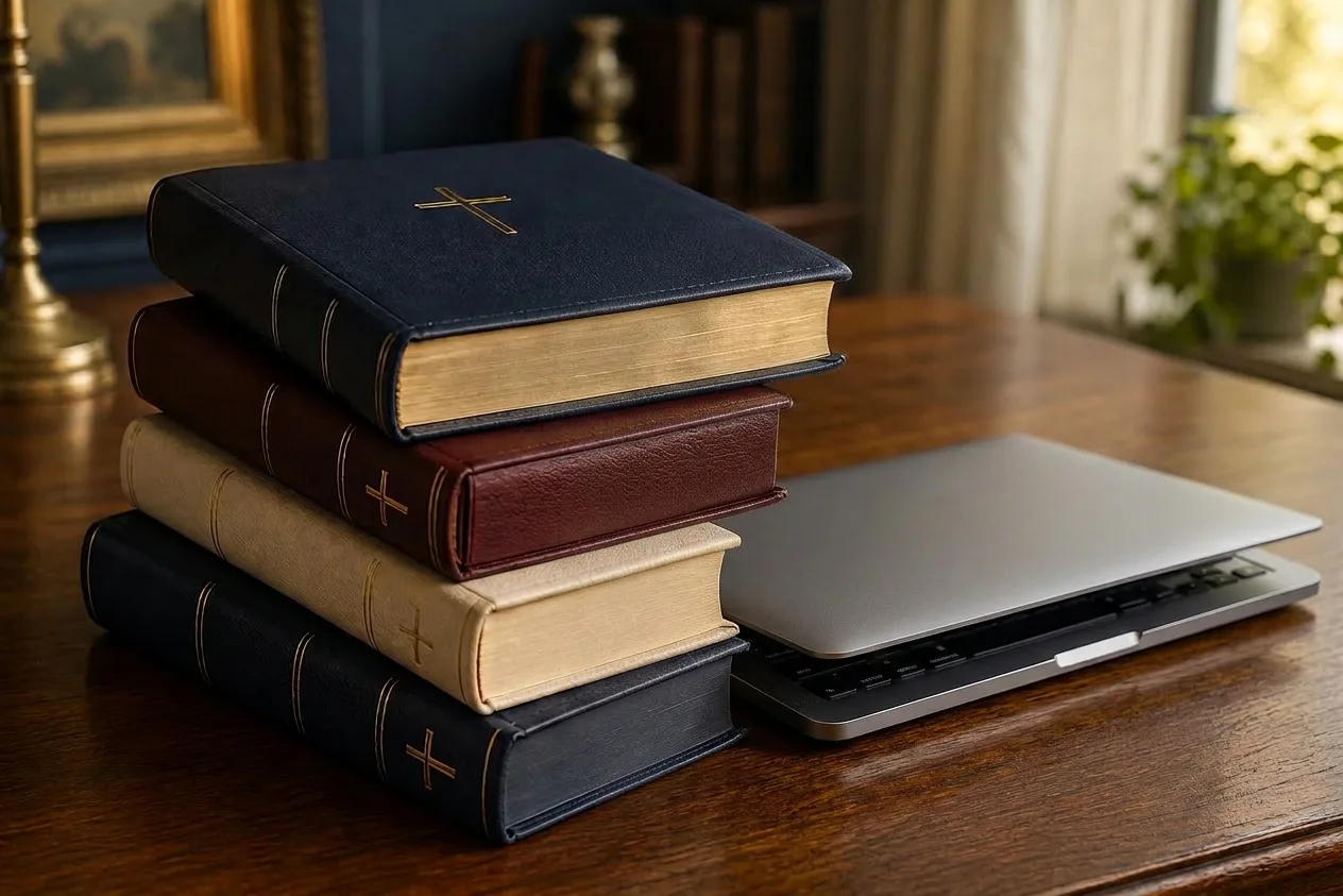 Stack of Bibles and Christian theology books beside a closed laptop